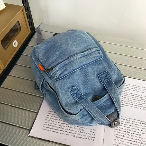 Casual denim student bag Portable multi-functional travel backpack Light blue fashionable denim backpack