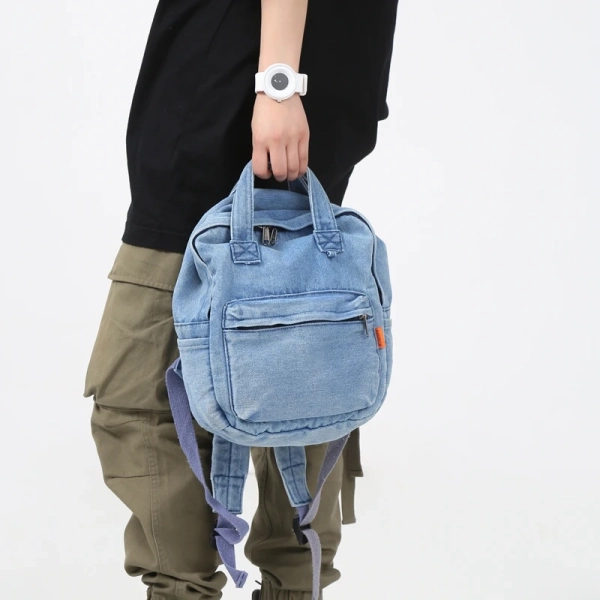 Casual denim student bag Portable multi-functional travel backpack Light blue fashionable denim backpack