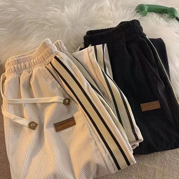 Corduroy Sweatpants Women Y2K High Waist Drawstring Wide Leg Trousers Bf Vintage Korean Streetwear All-Match Warm Straight Pants