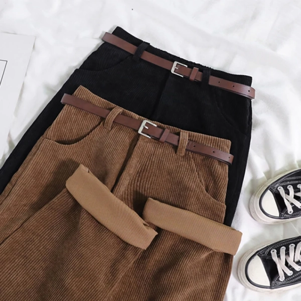 Women Spring Corduroy Pants High Waist Autumn Vintage Korean Casual Wide Leg Pants Elegant Belt Loose Cotton Streetwear