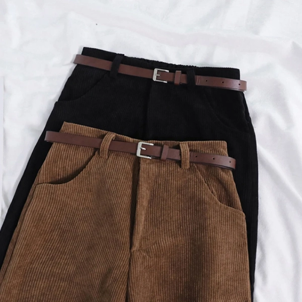 Women Spring Corduroy Pants High Waist Autumn Vintage Korean Casual Wide Leg Pants Elegant Belt Loose Cotton Streetwear