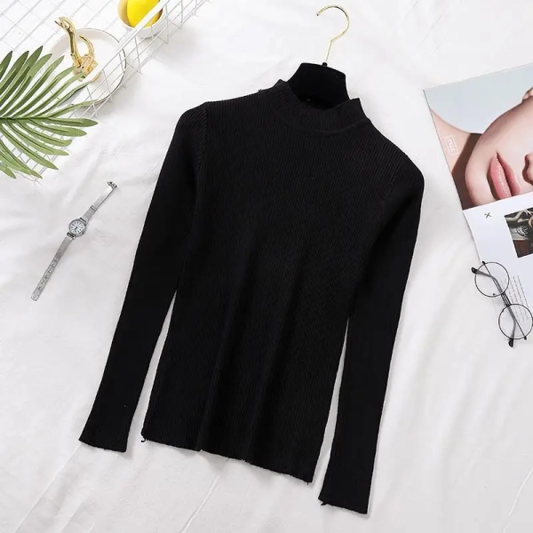 Styledfusion Autumn Women Pullover Sweater Fashion Half Turtleneck Knitted Female Jumper Long Sleeve Winter Black Soft Elastic Blouse