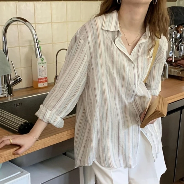 Styledfusion Oversize Women Shirts Long Sleeve Vintage Striped Harajuku Office Ladies Shirts Summer Cotton Thin Tops New