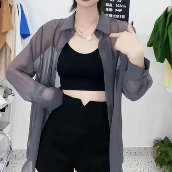 Styledfusion Summer Women Thin Shirts Loose Chiffon Long Sleeve Sun Protection Shirt Solid Korean Beach Holiday Ladies Tops