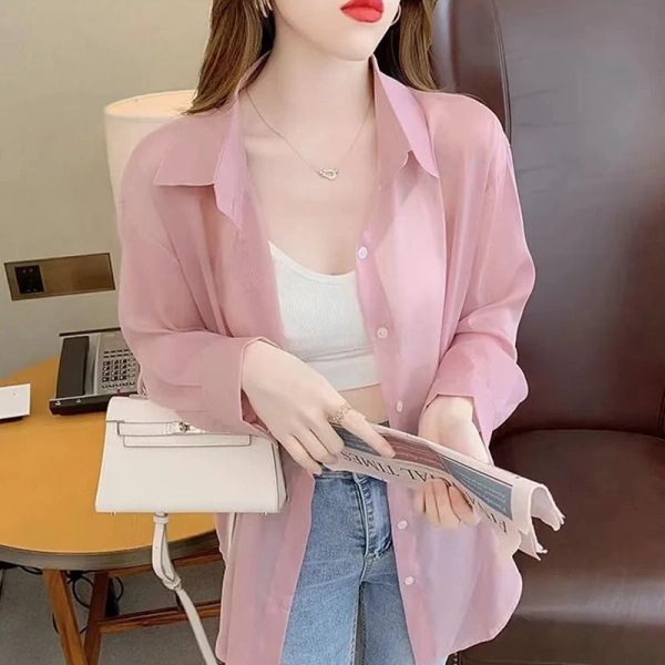 Styledfusion Summer Women Thin Shirts Loose Chiffon Long Sleeve Sun Protection Shirt Solid Korean Beach Holiday Ladies Tops