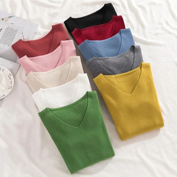 Styledfusion New Women Sweater Autumn Long Sleeve Pullover Basic Top Fashion V-neck Elastic Female Winter Solid Knitted Jumper