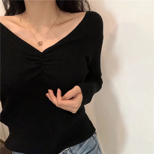 Styledfusion Sexy V Neck Women Sweater Autumn Knitted Pullover Jumper Chic Soft Korean Slim Long Sleeve Female Basic Top New