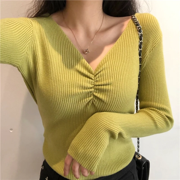 Styledfusion Sexy V Neck Women Sweater Autumn Knitted Pullover Jumper Chic Soft Korean Slim Long Sleeve Female Basic Top New